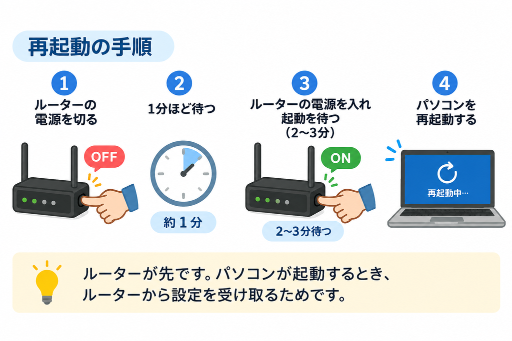 再起動の手順の図。1.ルーターの電源を切る 2.1分ほど待つ 3.ルーターの電源を入れ、起動を待つ(2〜3分) 4.パソコンを再起動する